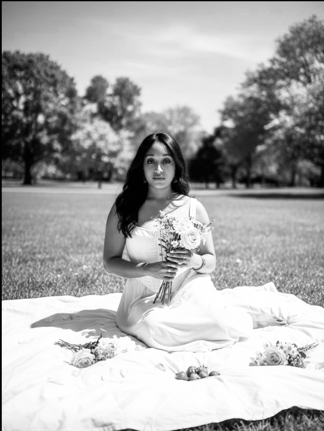 Savannah Arielle seated on a blanket in a park, holding a bouquet of wildflowers.